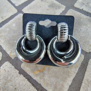 Monet Door Knocker Clip On Earrings Silver Tone Glossy Shiny Classic Vintage